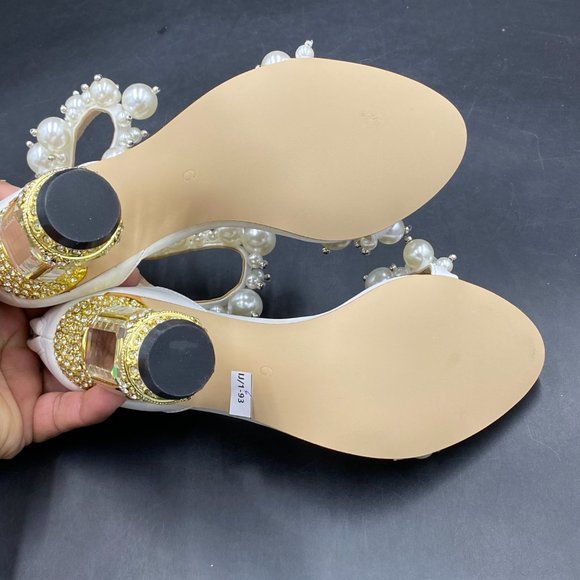 FSJ Ivory Pearl Open Toe Ankle Strap Chunky Crystal High Heels Prom Sandal. - Picture 9 of 9